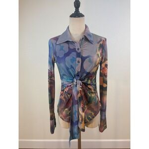 NWT Vtg Y2K IQ Paris Button Top M Colorful Tie Front Artsy Fairy Indie Sleaze